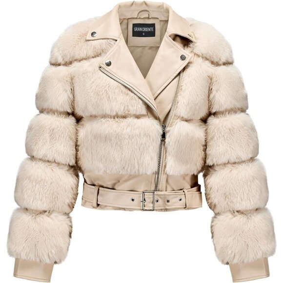 Jackets & Blazers - Women's Moto Style Cropped Faux Fur Leather Belted Biker Coat Zip Up Apricot